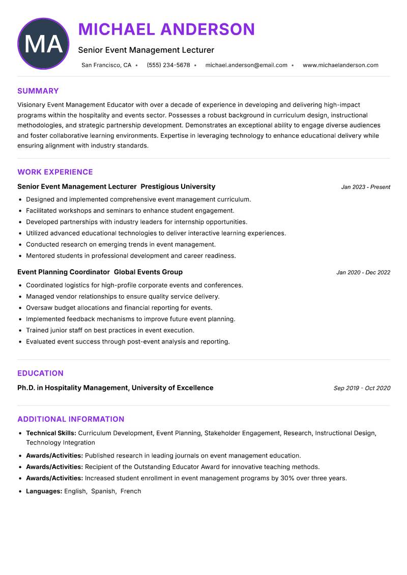 Event Management Educator Resume Preview Example