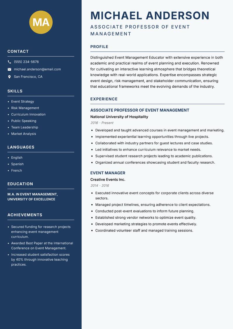 Event Management Educator Resume Preview Example