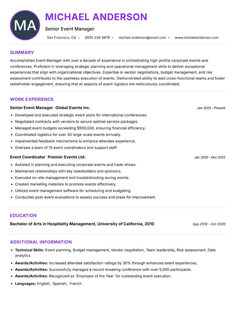 Event Manager Resume Preview Example