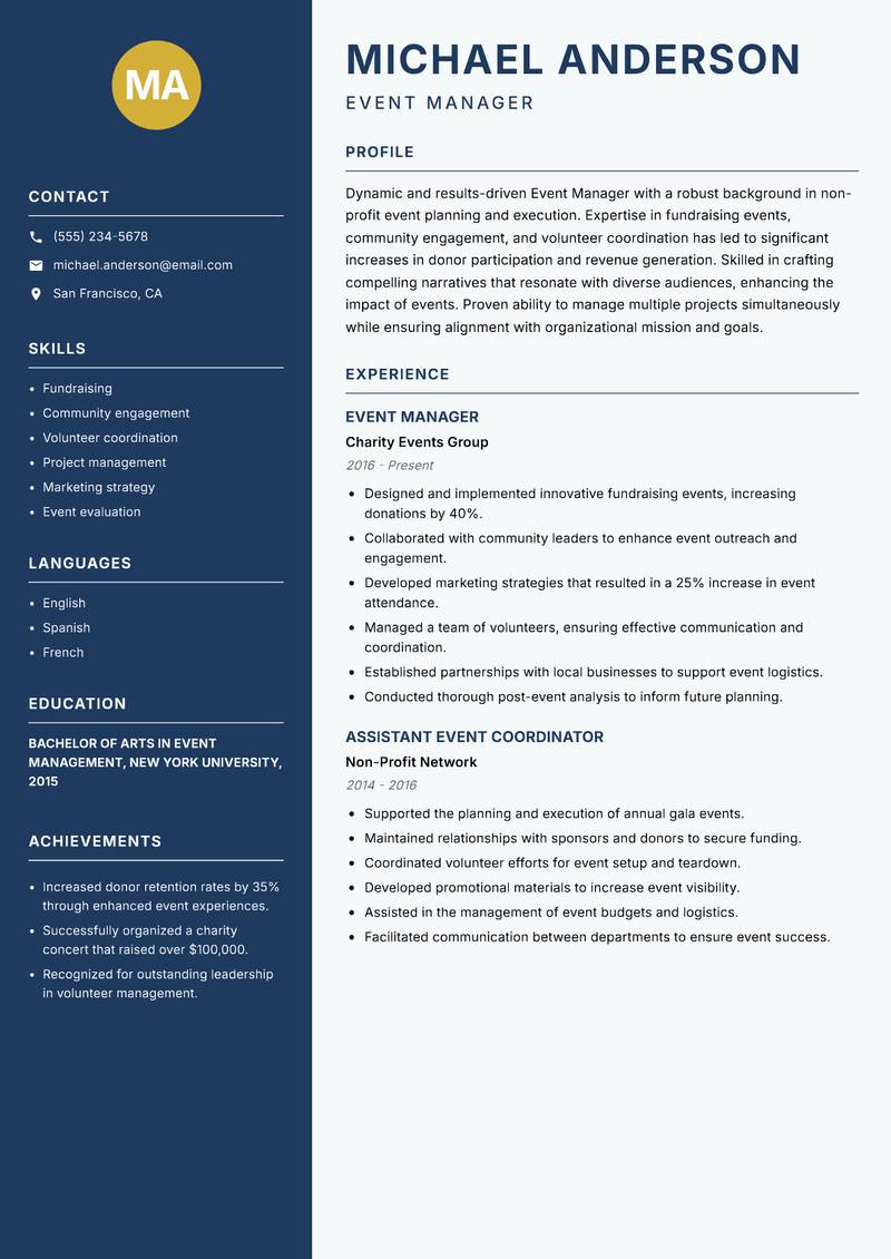 Event Manager Resume Preview Example