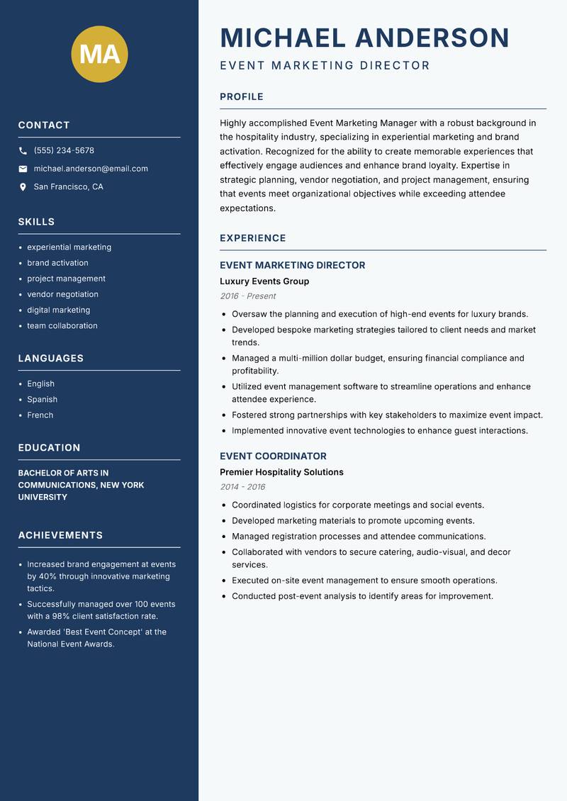 Event Marketing Manager Resume Preview Example