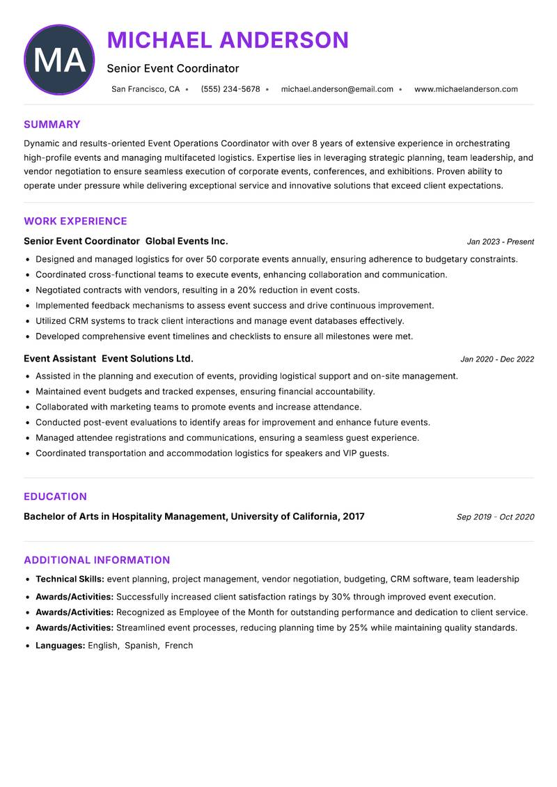 Event Operations Coordinator Resume Preview Example