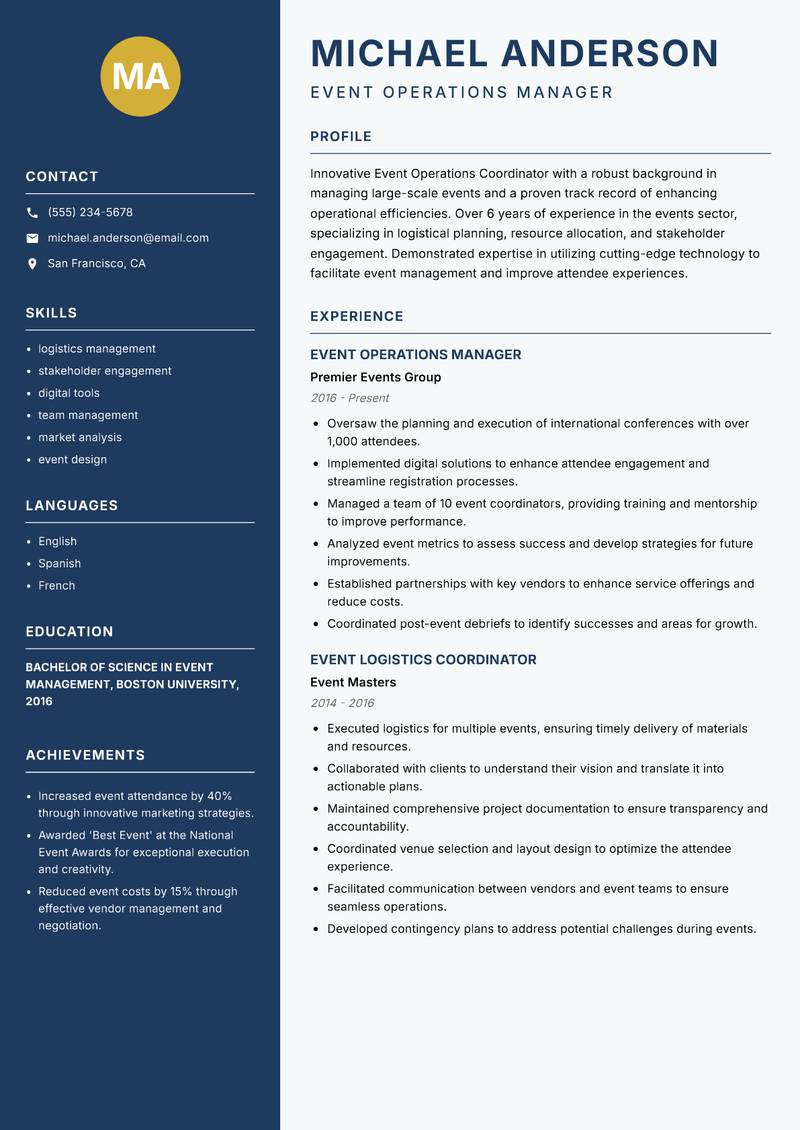 Event Operations Coordinator Resume Preview Example