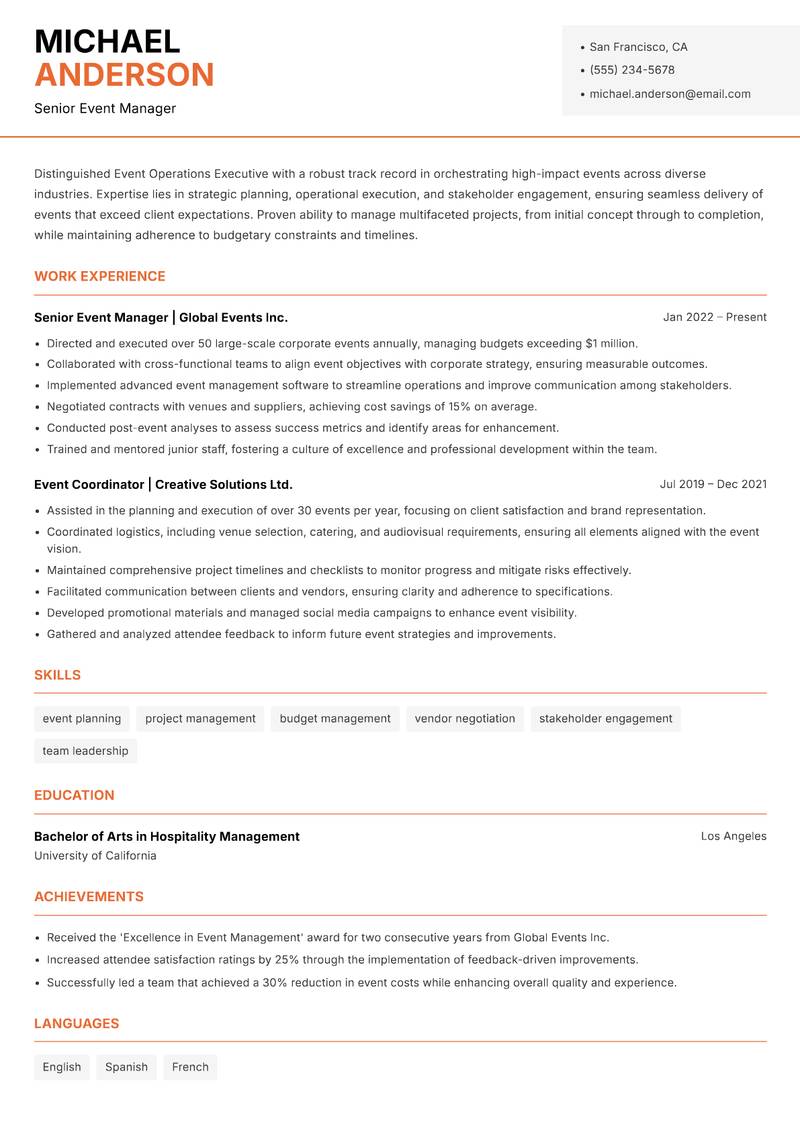Event Operations Executive Resume Template