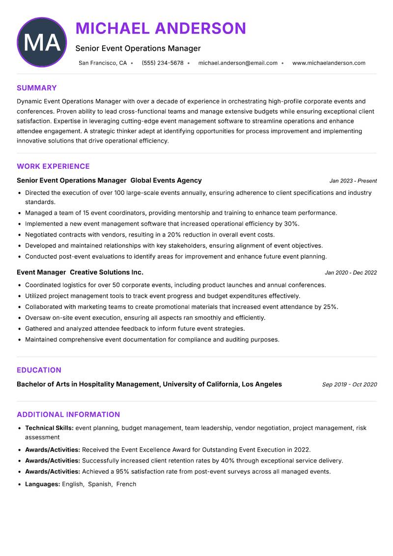Event Operations Manager Resume Preview Example
