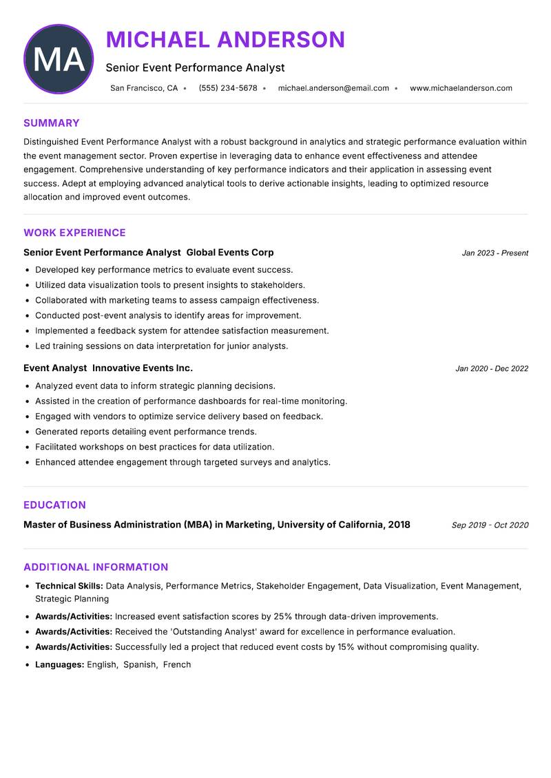 Event Performance Analyst Resume Preview Example