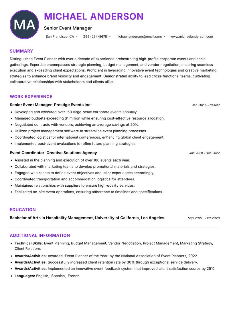 Event Planner Resume Preview Example