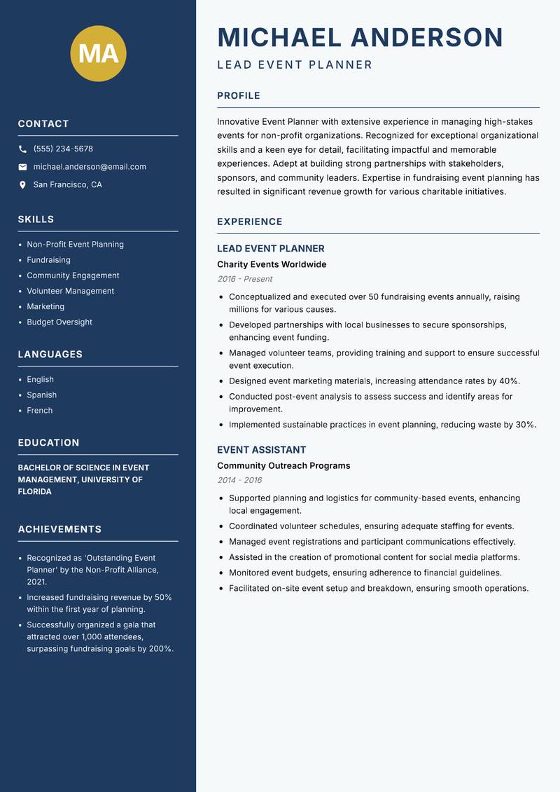 Event Planner Resume Preview Example