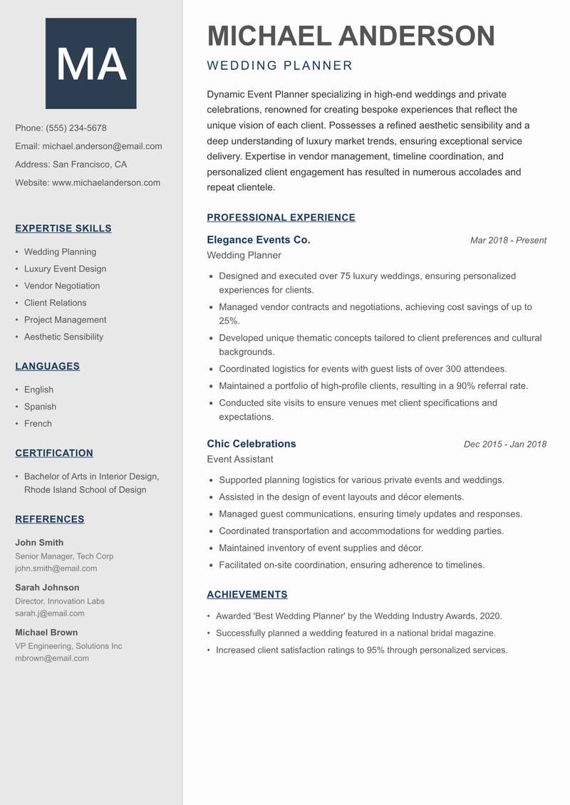 Event Planner Resume Preview Example