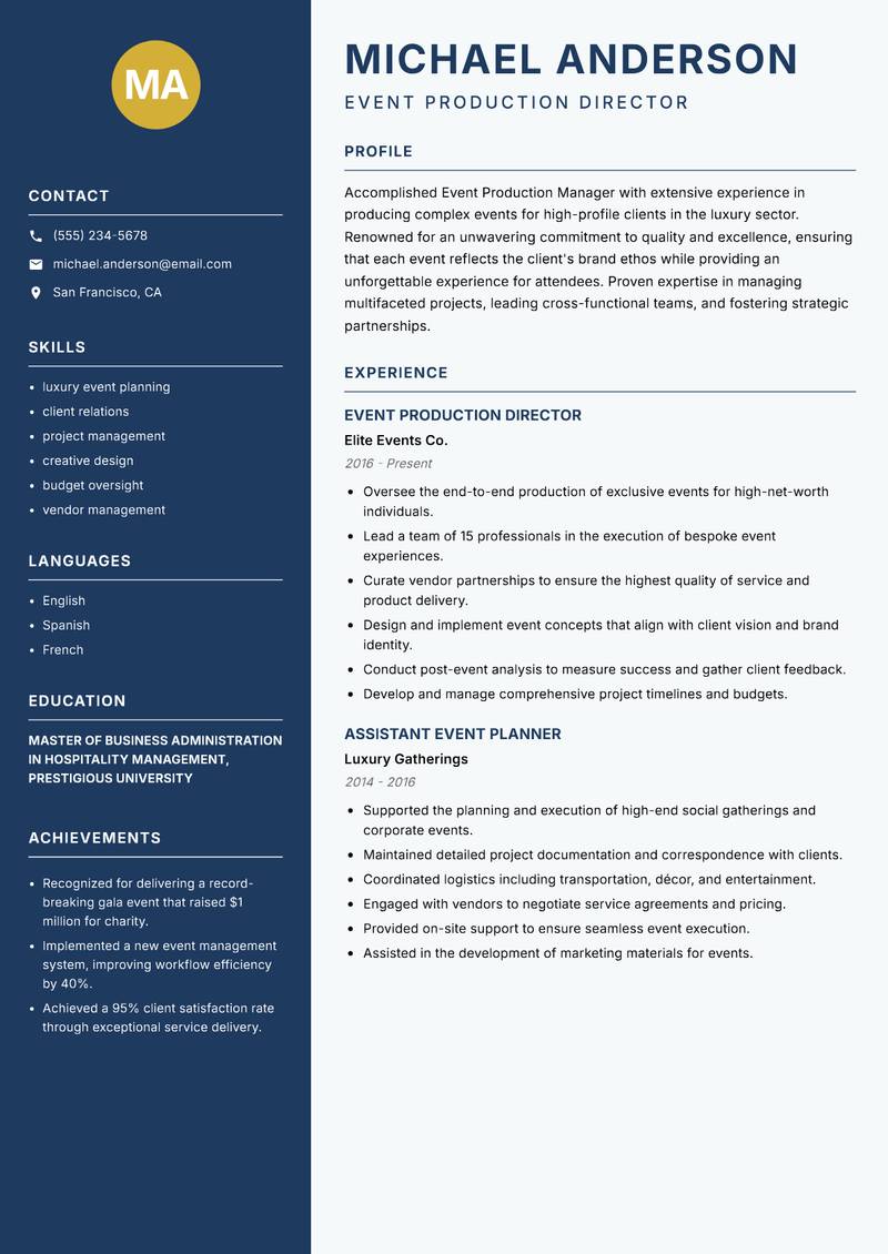 Event Production Manager Resume Preview Example