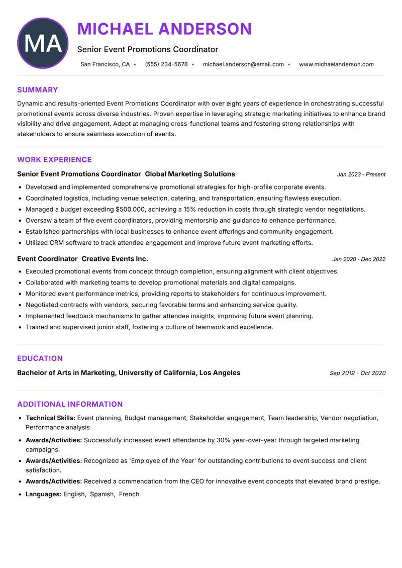 Event Promotions Coordinator Resume Preview Example