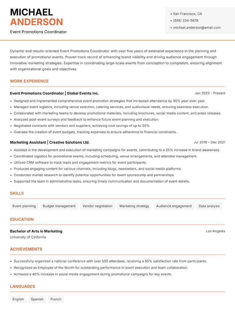 Event Promotions Coordinator Resume Template