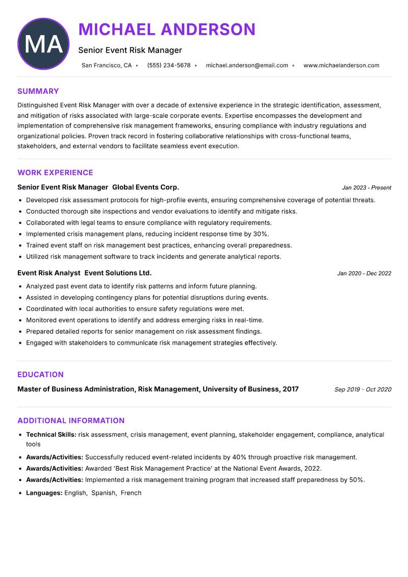 Event Risk Manager Resume Preview Example