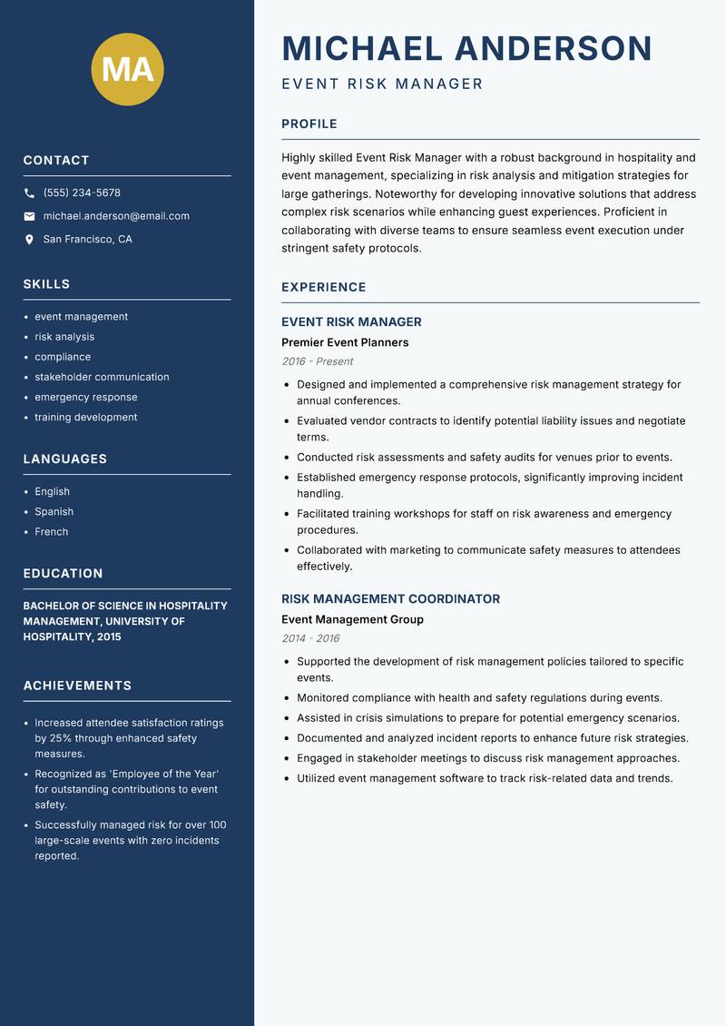 Event Risk Manager Resume Preview Example