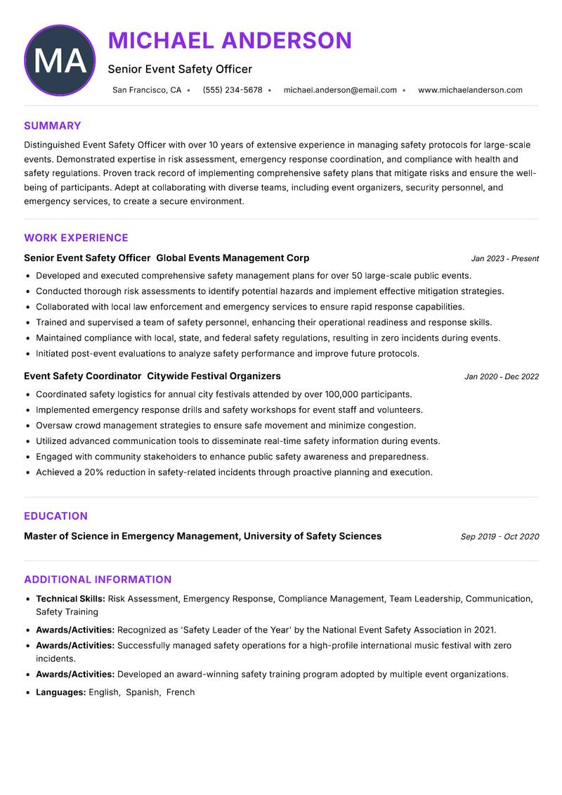 Event Safety Officer Resume Preview Example