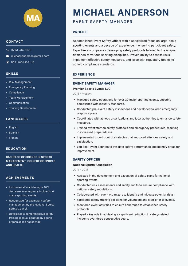 Event Safety Officer Resume Preview Example