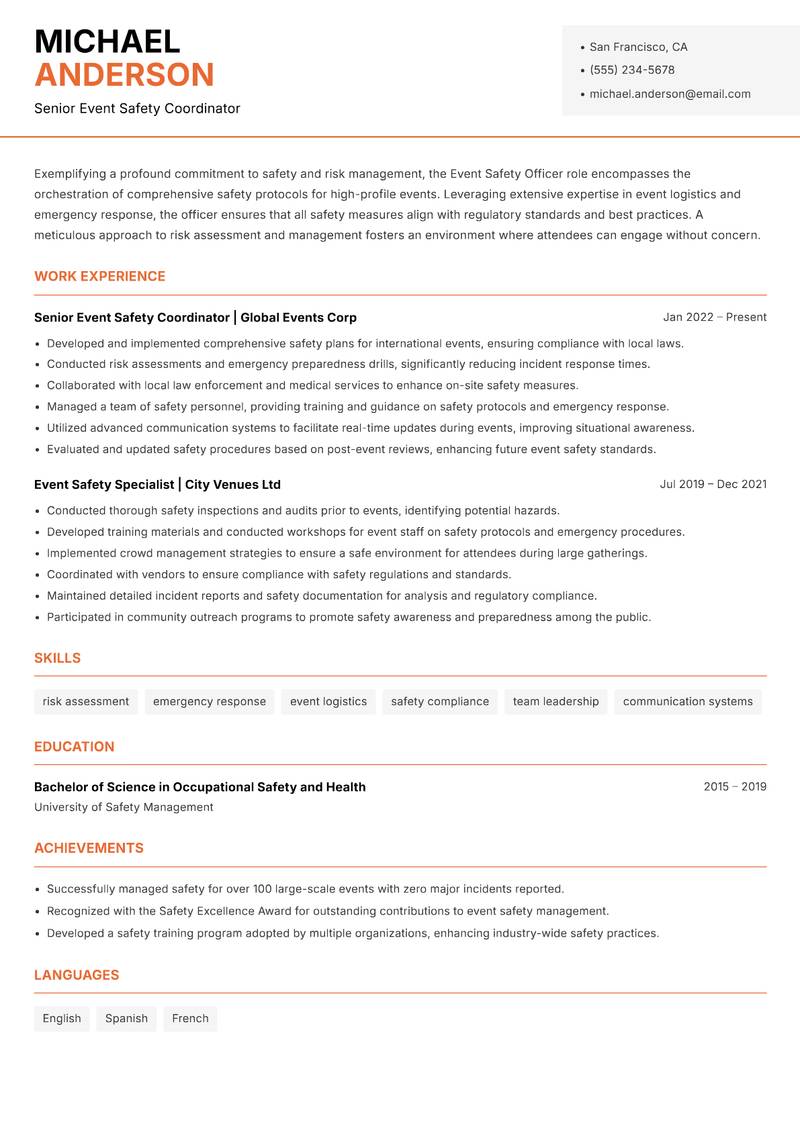 Event Safety Officer Resume Template