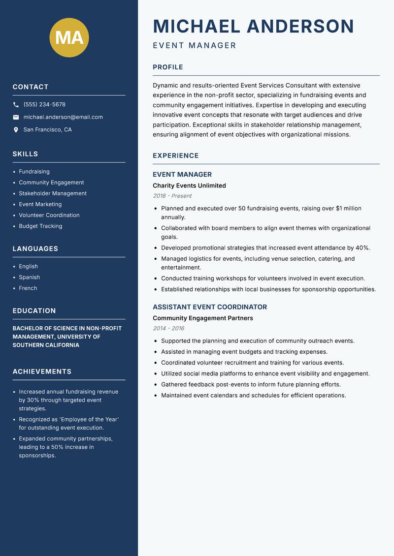 Event Services Consultant Resume Preview Example