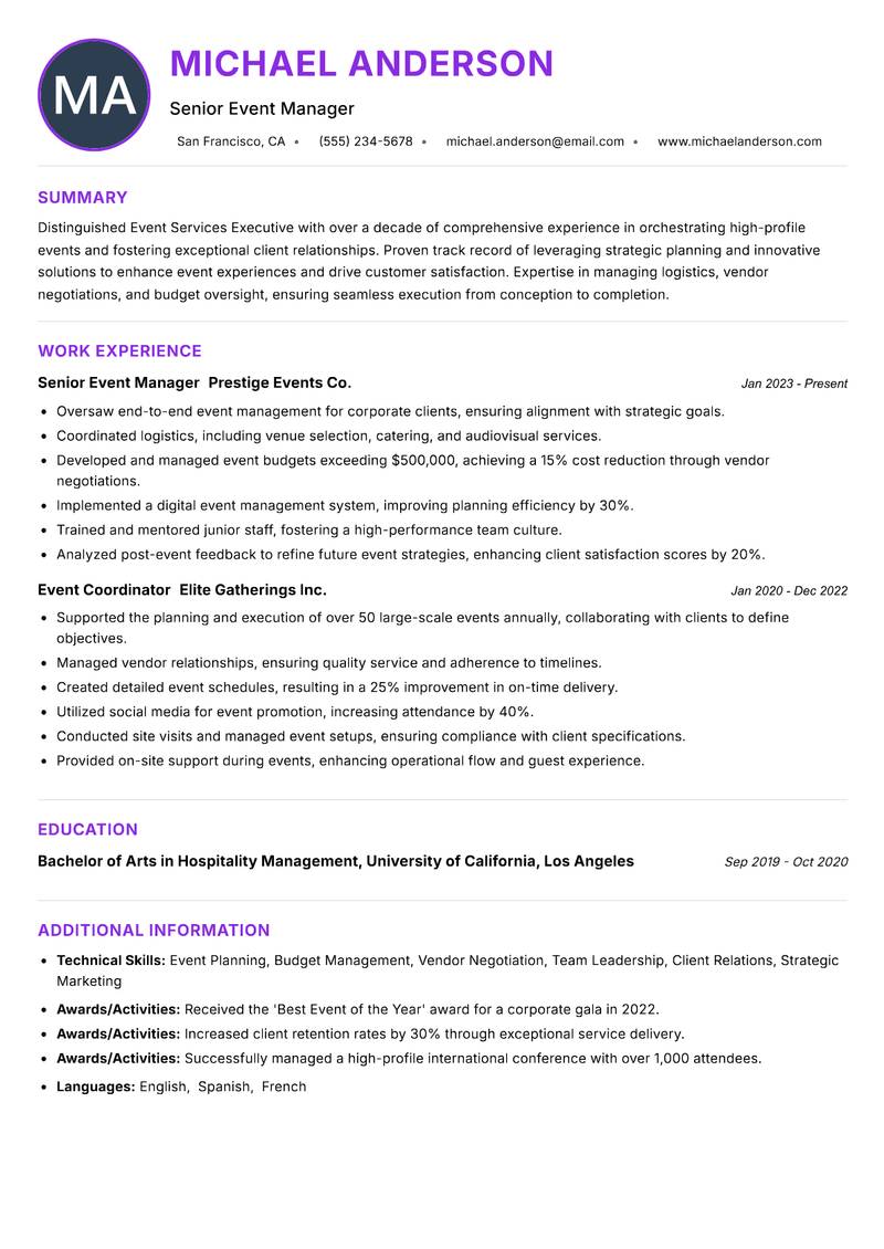 Event Services Executive Resume Preview Example
