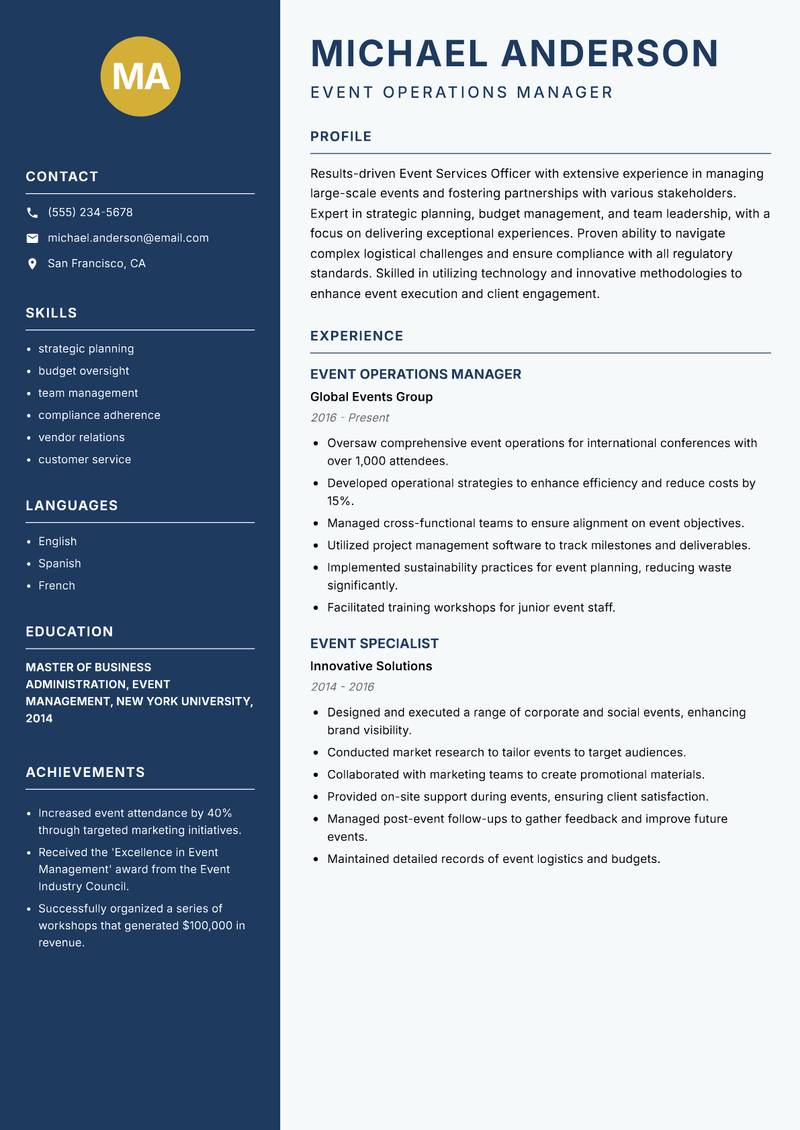 Event Services Officer Resume Preview Example