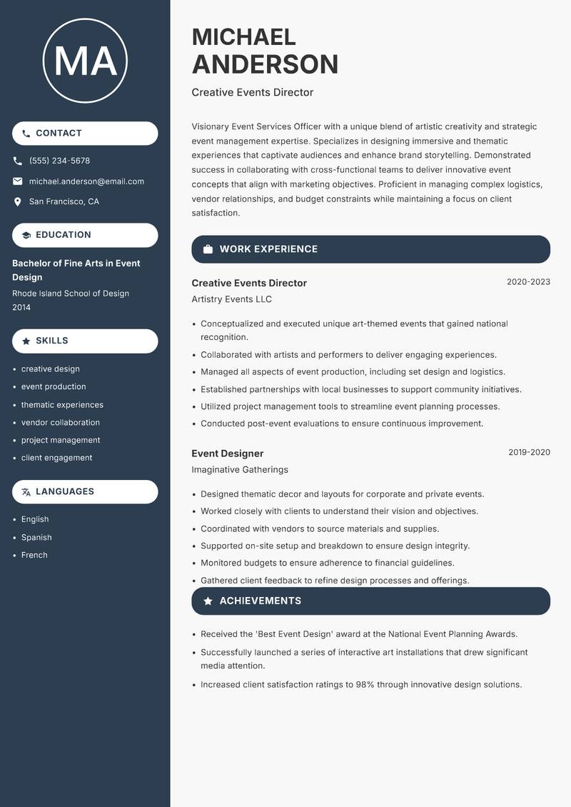 Event Services Officer Resume Preview Example
