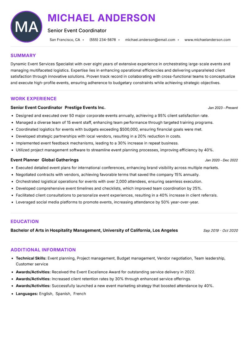 Event Services Specialist Resume Preview Example