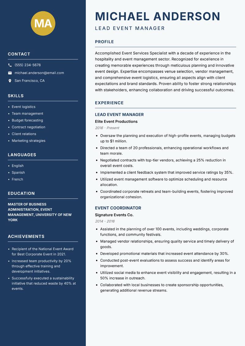 Event Services Specialist Resume Preview Example