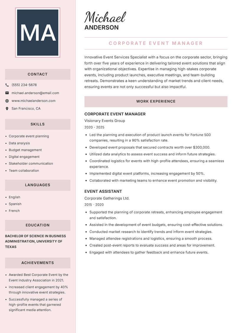Event Services Specialist Resume Preview Example