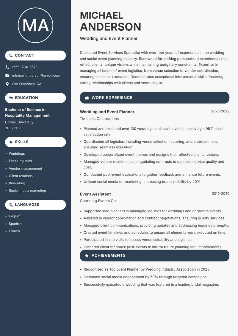 Event Services Specialist Resume Preview Example