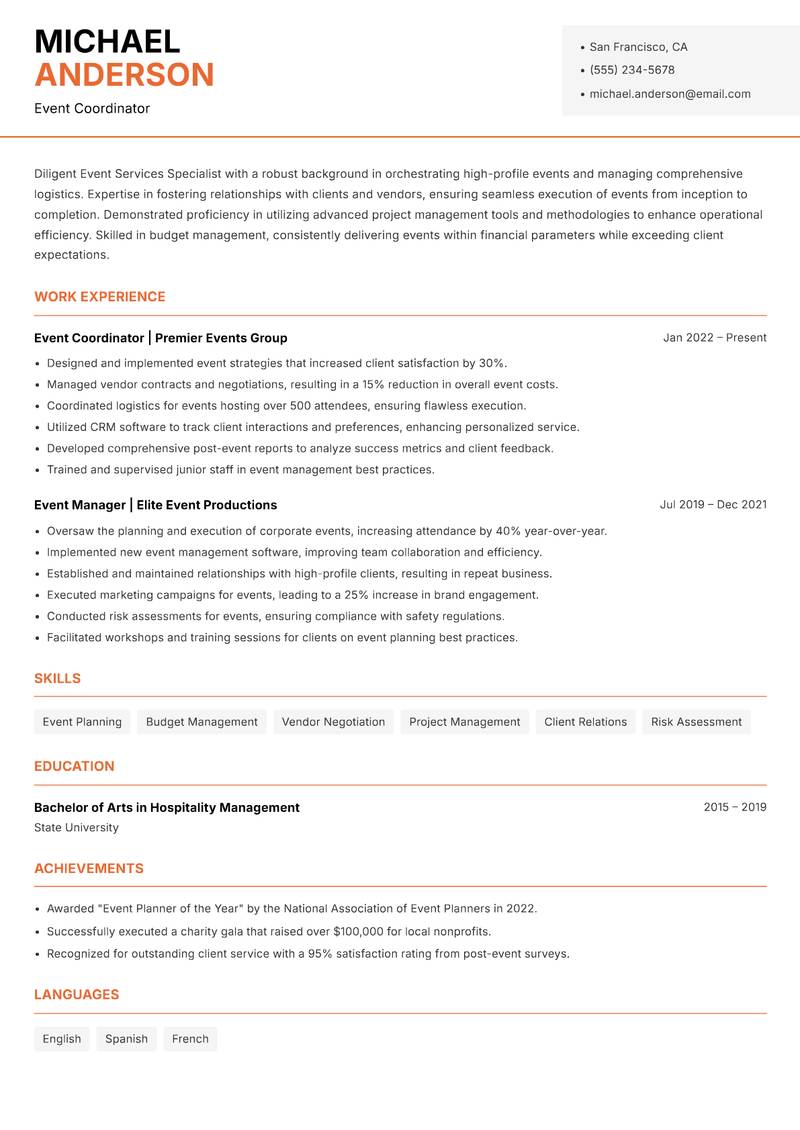 Event Services Specialist Resume Template