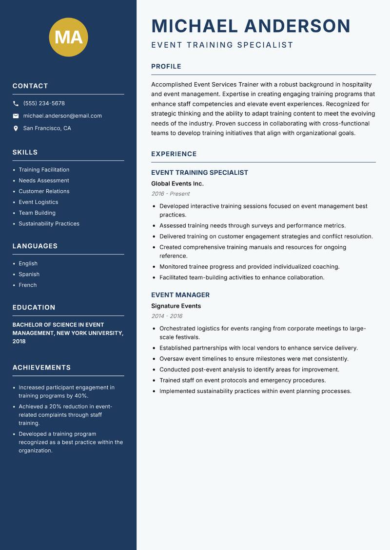 Event Services Trainer Resume Preview Example
