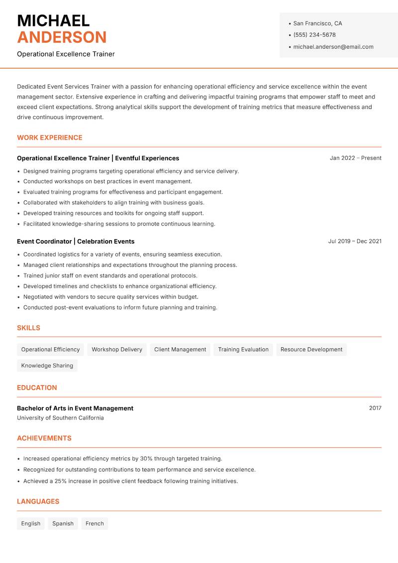 Event Services Trainer Resume Template