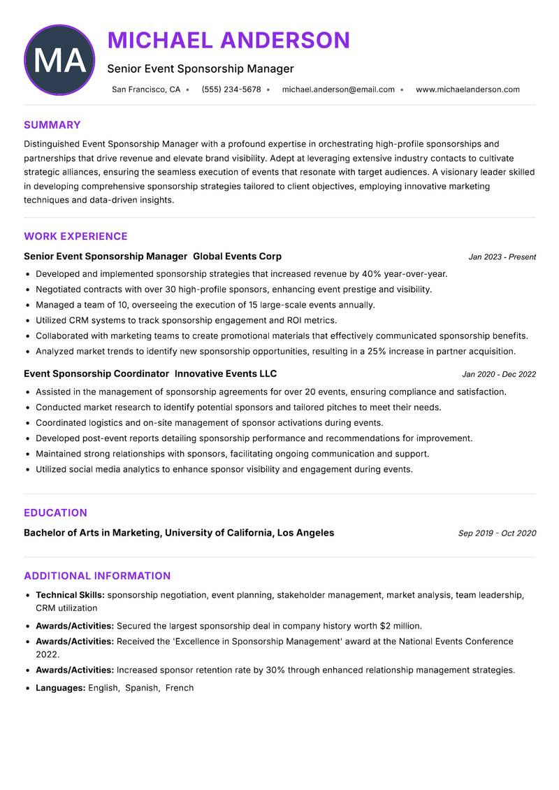 Event Sponsorship Manager Resume Preview Example