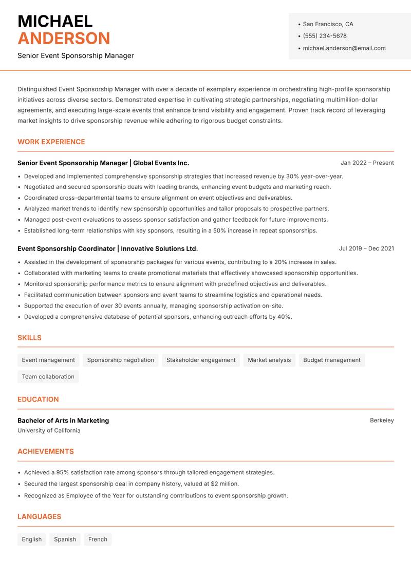 Event Sponsorship Manager Resume Template