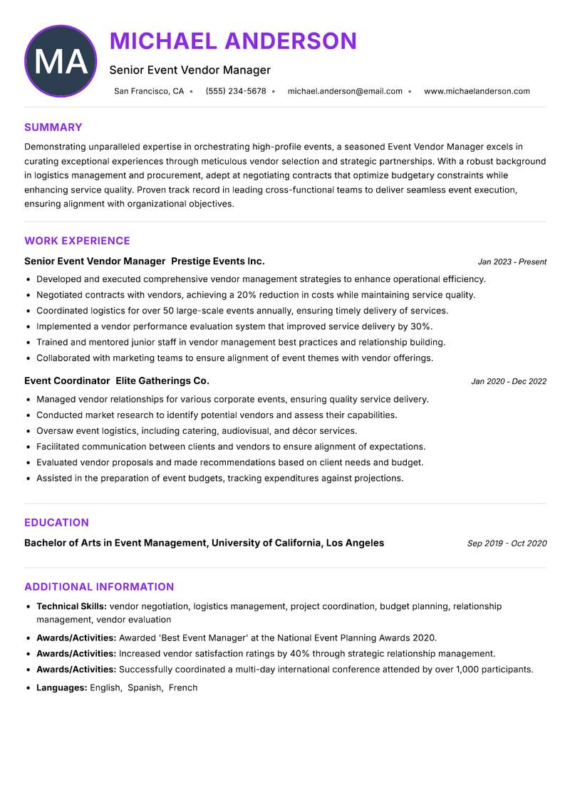 Event Vendor Manager Resume Preview Example