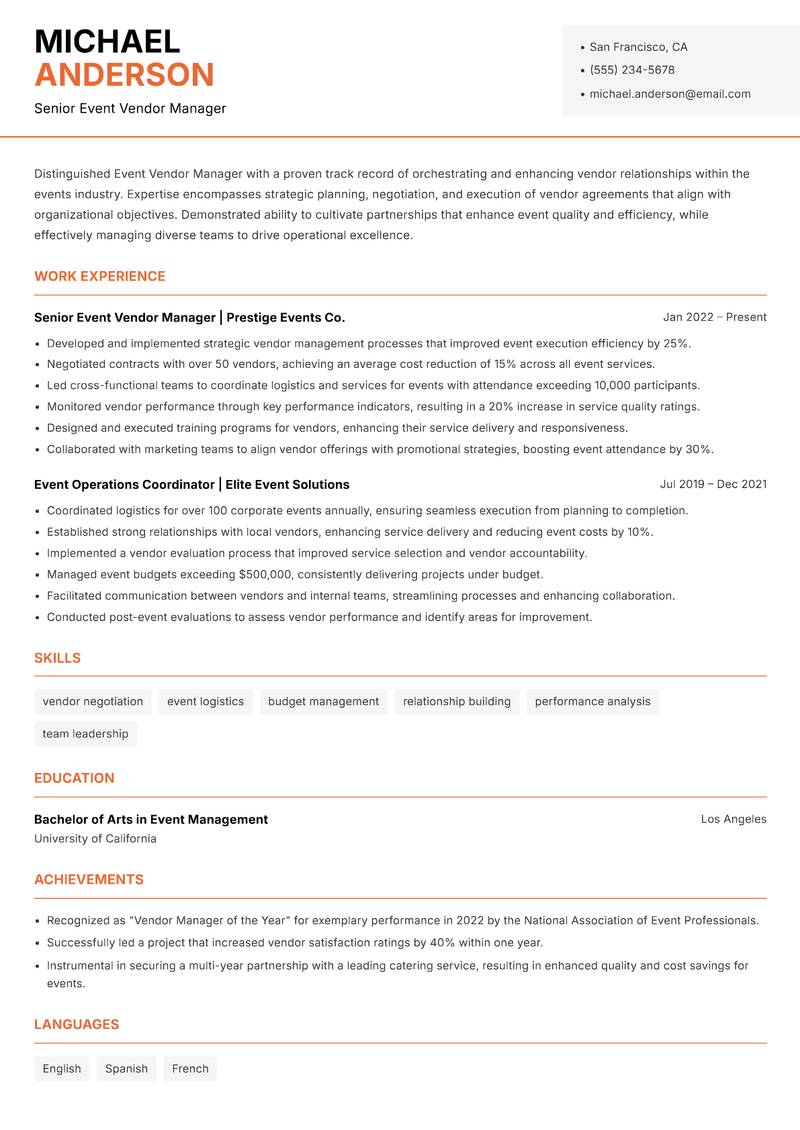Event Vendor Manager Resume Template