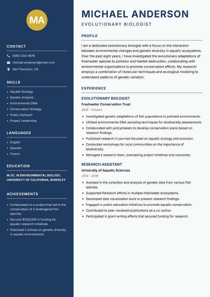 Evolutionary Biologist Resume Preview Example