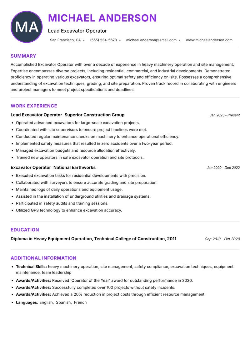 Excavator Operator Resume Preview Example