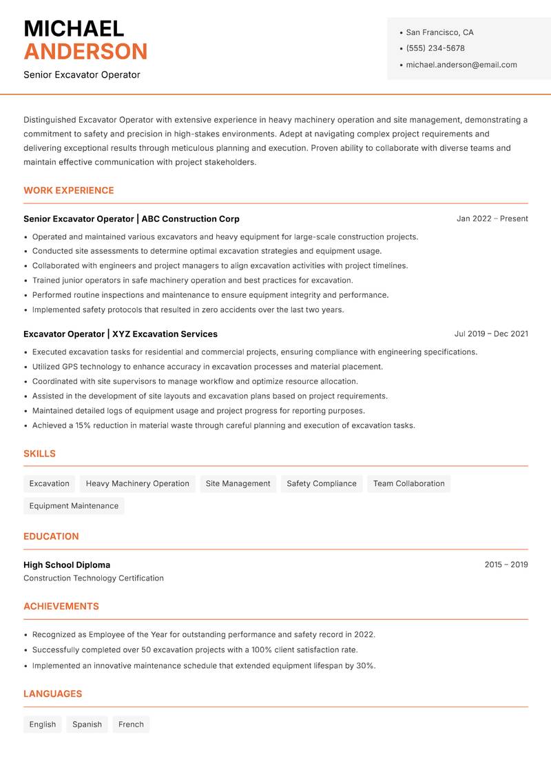 Excavator Operator Resume Template
