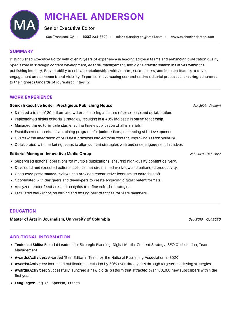 Executive Editor Resume Preview Example