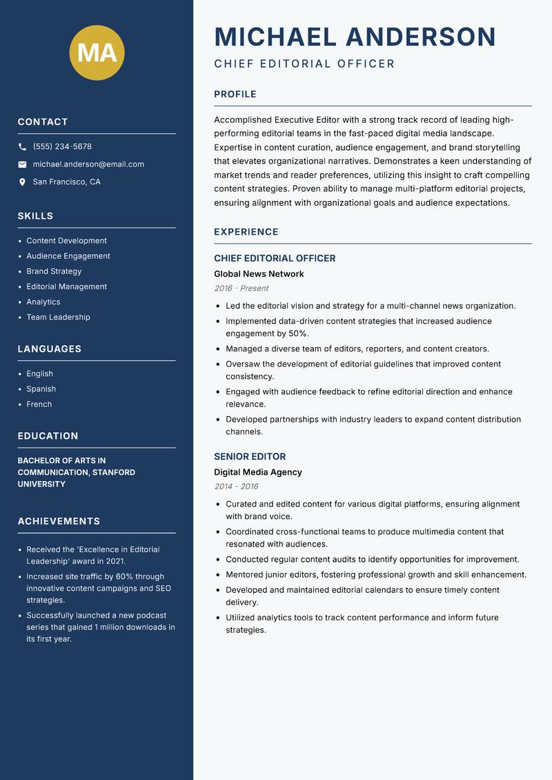 Executive Editor Resume Preview Example