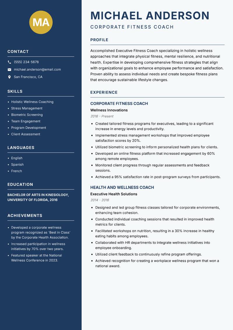 Executive Fitness Coach Resume Preview Example