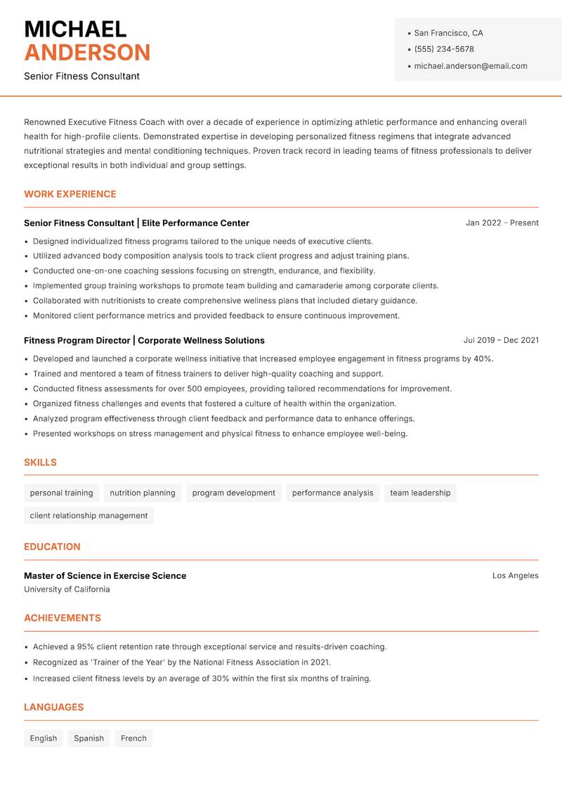 Executive Fitness Coach Resume Template