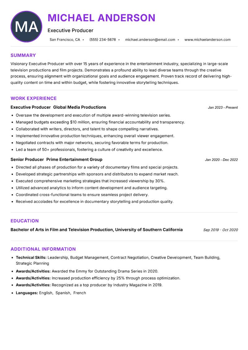 Executive Producer Resume Preview Example
