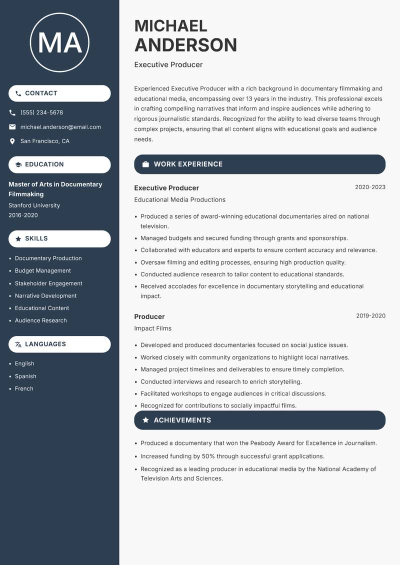 Executive Producer Resume Preview Example