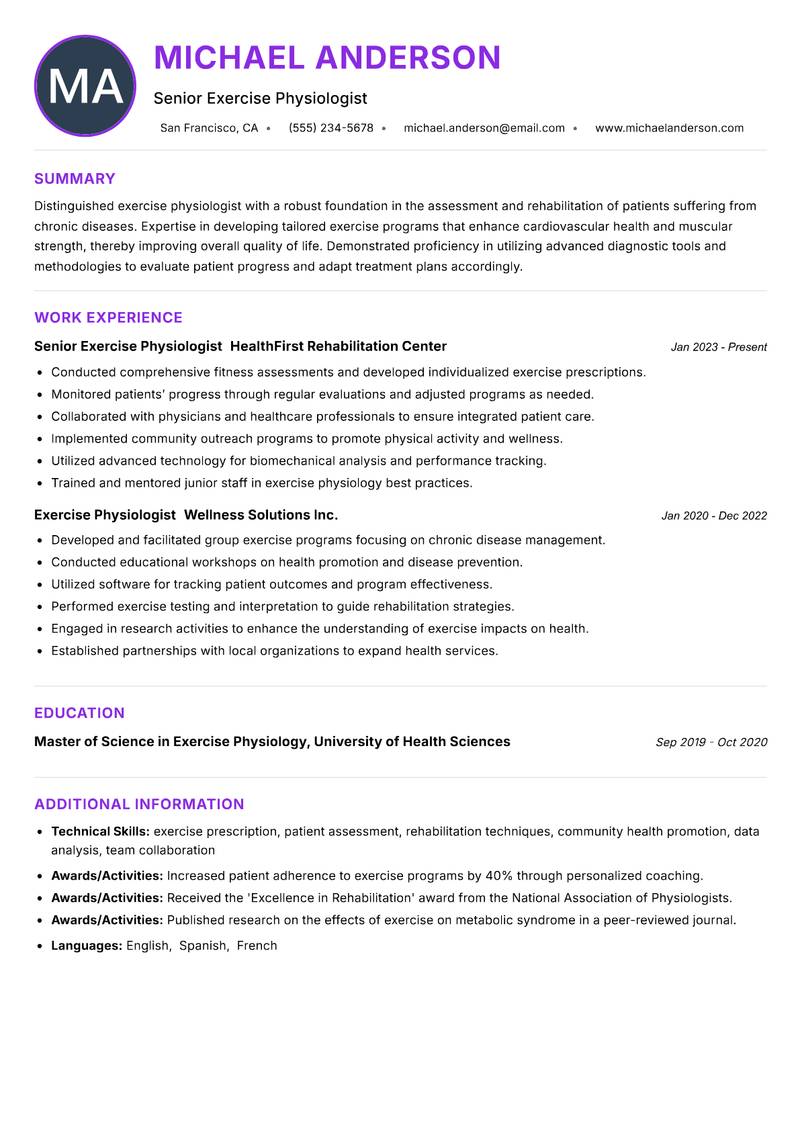 Exercise Physiologist Resume Preview Example