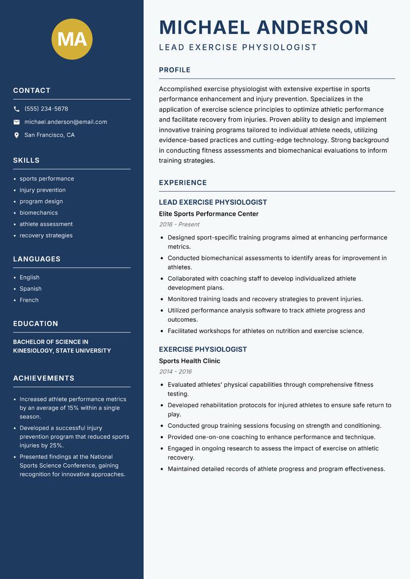 Exercise Physiologist Resume Preview Example