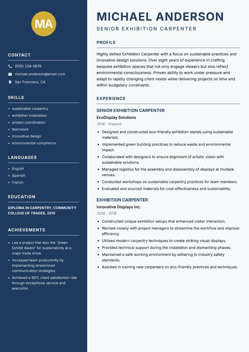 Exhibition Carpenter Resume Preview Example