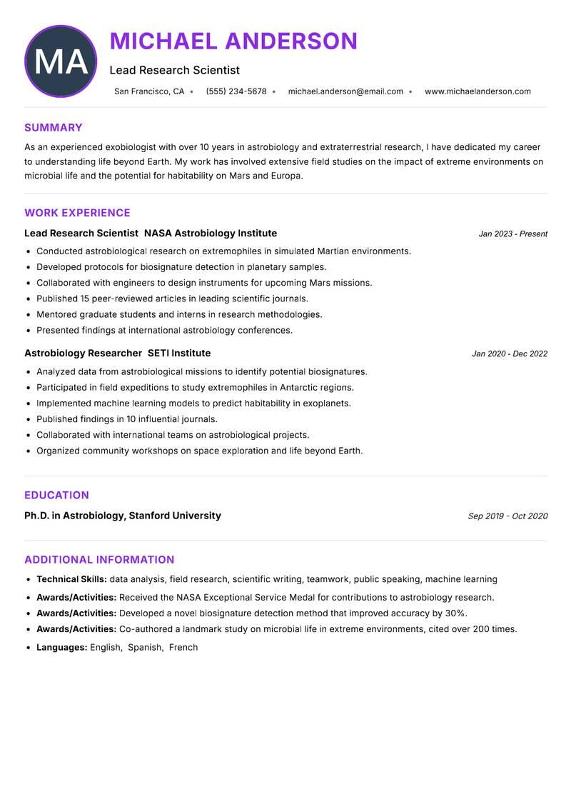 Exobiologist Resume Preview Example