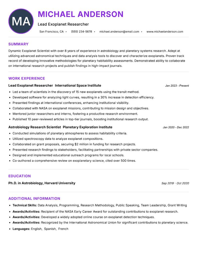 Exoplanet Scientist Resume Preview Example